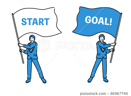 Full-body men in suits holding flags labeled Start and Goal 86967740