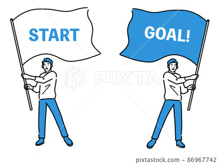 Full-body men holding flags labeled Start and Goal Full-body men holding flags labeled Start and Goal 86967742