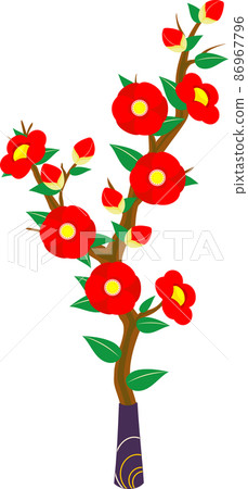 Illustration of camellia flowers in a navy blue vase 86967796