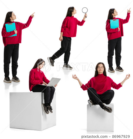 Collage. Young motivated girl, trainee, student isolated over white studio background Collage. Young motivated girl, trainee, student isolated over white studio background 86967929