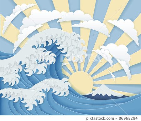 Japanese Great Wave Sunrise Layered Paper Craft 86968284