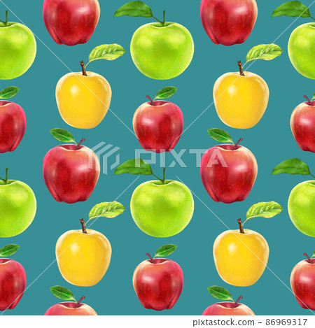 Illustration realism seamless pattern fruit apple of different colors on a blue background 86969317