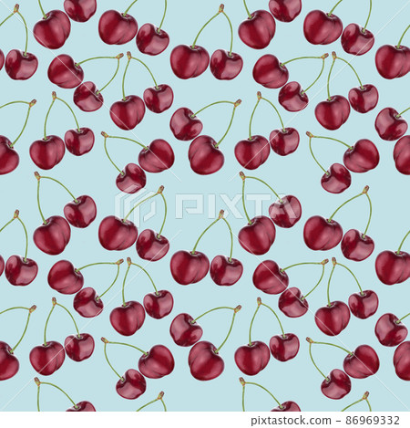 Illustration realism seamless pattern berry burgundy cherry on a light blue background Illustration realism seamless pattern berry burgundy cherry on a light blue background 86969332