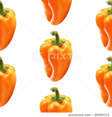 Illustration realism seamless pattern vegetable paprika orange color on a white isolated background Illustration realism seamless pattern vegetable paprika orange color on a white isolated background 86969333