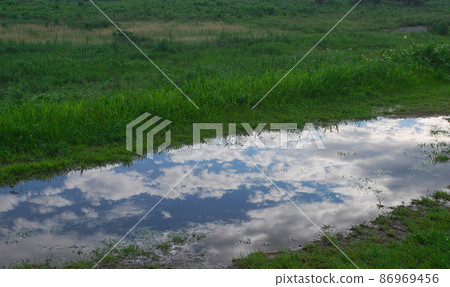 Blue sky and clouds reflected in a puddle Blue sky and clouds reflected in a puddle 86969456