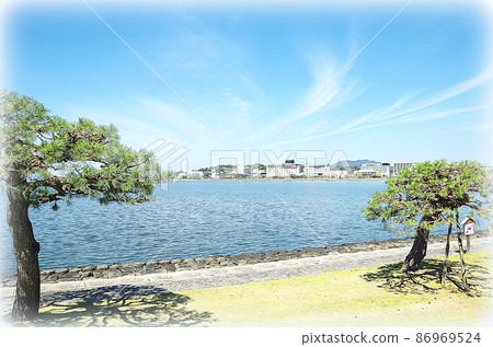[Painting style] Bright and refreshing scenery on the eastern shore of Lake Shinji in fine weather ... Matsue City, Shimane Prefecture (fine weather) 86969524