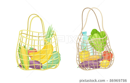 Reusable eco shopping net full of fresh vegetables. Zero waste, plastic free concept vector illustration 86969786