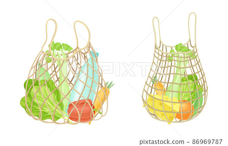 Reusable eco shopping net full of grocery products. Bottle of water, pepper, celery, cheese. Zero waste, plastic free concept vector illustration 86969787