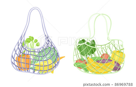 Reusable eco shopping nets full of fruit and vegetables set. Zero waste, plastic free concept vector illustration 86969788