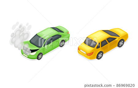 Car service and repair set. Green broken with opened hood and yellow car isometric vector illustration 86969820