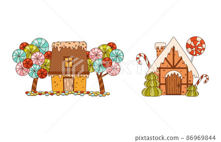 Set of Christmas gingerbread houses decorated with sweets cartoon vector illustration Set of Christmas gingerbread houses decorated with sweets cartoon vector illustration 86969844