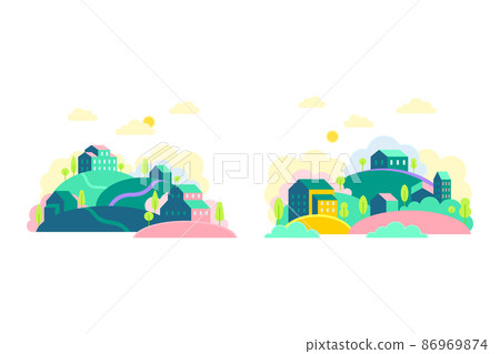 Small town scenes set. Green hills, cute houses and trees at day time vector illustration 86969874
