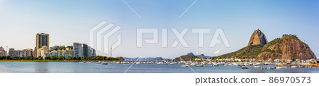 Panoramic image of Rio de Janeiro with the boats moored, the Sugarloaf hill, Guanabara bay and Botofogo beach Panoramic image of Rio de Janeiro with the boats moored, the Sugarloaf hill, Guanabara bay and Botofogo beach 86970573