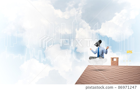 Concept of security and privacy protection with camera headed man meditating Concept of security and privacy protection with camera headed man meditating 86971247