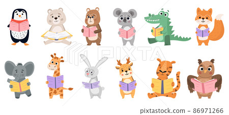 Animals book lovers, reading fox, bear and rabbit. Smart animals learn by reading books vector illustration set. Animals like to read books Animals book lovers, reading fox, bear and rabbit. Smart animals learn by reading books vector illustration set. Animals like to read books 86971266