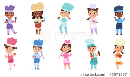 Baby chefs characters, young professionals wear cook uniform. Kids cooking food at kitchen vector illustration set. Lil chefs in uniforms and caps 86971267