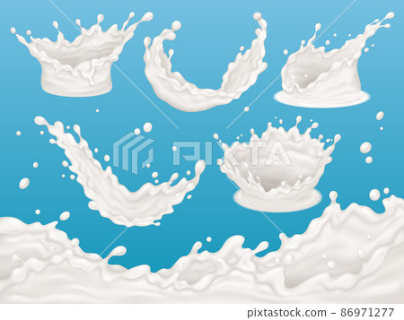Realistic milk splatter, yogurt or cream splash elements. Splashes of dairy products vector illustration set. Milk splashes in various shapes 86971277
