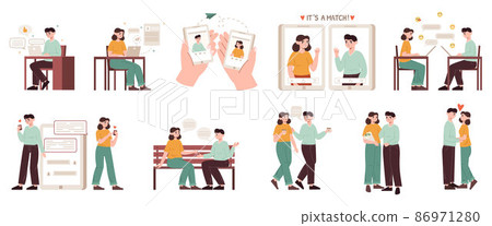 Romantic couple using dating app, online dating application. Mobile dating website, romantic partner online searching vector illustration set. Virtual love relationships 86971280