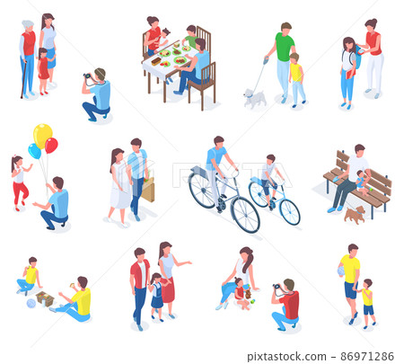 Isometric family with kids, parenting daily or holiday activities. Adults and elders spending time with children vector illustration set. Child care and affection scenes Isometric family with kids, parenting daily or holiday activities. Adults and elders spending time with children vector illustration set. Child care and affection scenes 86971286