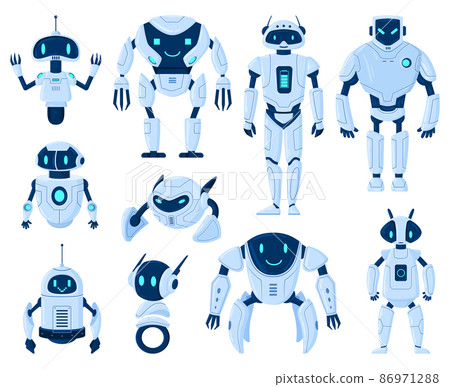 Cartoon robots, cyborg machine artificial intelligence characters. Digital cyborgs and modern technology machines vector illustration set. Robot cartoon characters 86971288