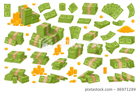 Cartoon dollar cash, money stacks and banknotes. Green dollars bill bundle, piles of cash and gold coins vector illustration set. Golden coins and banknotes icon Cartoon dollar cash, money stacks and banknotes. Green dollars bill bundle, piles of cash and gold coins vector illustration set. Golden coins and banknotes icon 86971289