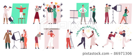 Photographers and models, professional cameraman workflow process. Wedding photoshoot, fashion and family photography vector illustration set. Photo session scenes 86971306