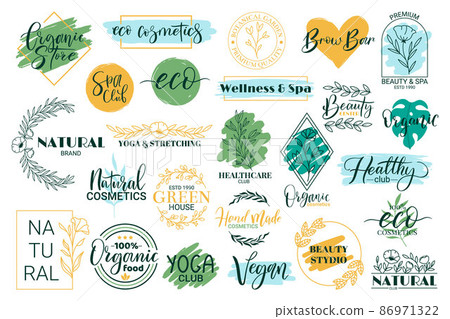 Healthy, beauty, spa and yoga lettering quotes. Hand drawn logos for organic cosmetics products vector illustration set. Spa and wellness lettering elements 86971322