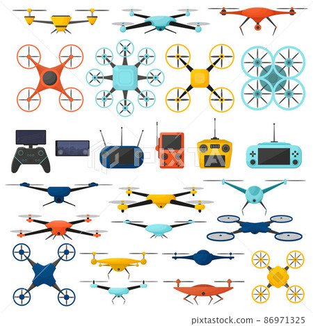 Drone technology aerial gadgets, unmanned aerial quadcopters. Modern multicolored aerial copters vector symbols set. Delivery flying drones 86971325