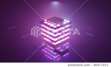 Neon cube in sci fi room 4K UHD 3D illustration Neon cube in sci fi room 4K UHD 3D illustration 86971831
