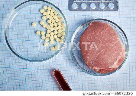 GMO Meat in Petri Dish and Pharmacy Capsules - Photo on Graph Paper GMO Meat in Petri Dish and Pharmacy Capsules - Photo on Graph Paper 86972320