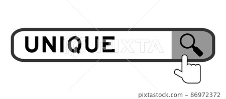 Search banner in word unique with hand over magnifier icon on white background Search banner in word unique with hand over magnifier icon on white background 86972372