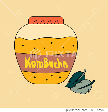 Big jar of refreshing kombucha drink and mint leaves. Sweet tasty summer beverage. Fermented drink made with tea, sugar, bacteria and yeast  86972580