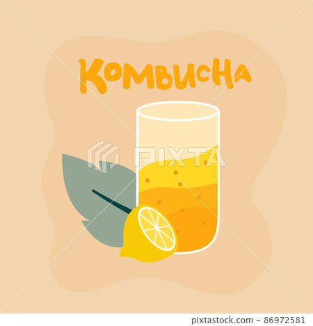 Glass of refreshing kombucha drink, mint leaf and lemon. Sweet delicious summer beverage. Fermented drink made with tea, sugar, bacteria and yeast  86972581