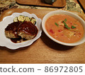 Tofu hamburger and tomato cream soup 86972805