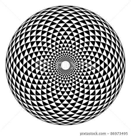 Fibonacci pattern, black and white triangle checkered circle, formed by arcs, arranged in spiral form, crossed by circles, creating bend triangles, like the geometrical arrangement of sunflower seeds. Fibonacci pattern, black and white triangle checkered circle, formed by arcs, arranged in spiral form, crossed by circles, creating bend triangles, like the geometrical arrangement of sunflower seeds. 86973495