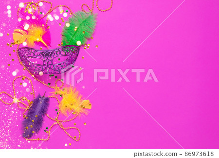 Carnival mask colored feathers traditional sequin beads for Mardi Gras festival purple background 86973618