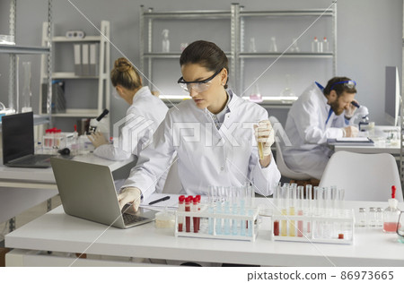 Research and experiments in the pharmaceutical or chemical industry. Female scientist in lab or chemist making notes on laptop by studying liquid in test tube. Scientists working on the background. Research and experiments in the pharmaceutical or chemical industry. Female scientist in lab or chemist making notes on laptop by studying liquid in test tube. Scientists working on the background. 86973665