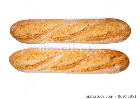 two fresh crunchy french baguette breads isolated two fresh crunchy french baguette breads isolated 86973951