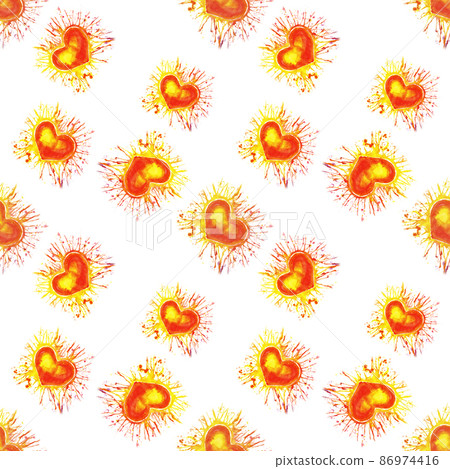 Pattern of orange hearts with splashes of paint. Pattern of orange hearts with splashes of paint. 86974416