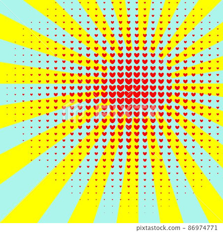 Retro rays comic light blue and yellow-green background with red heart gradient halftone and dotted shades pop art style. Vector illustration. 86974771
