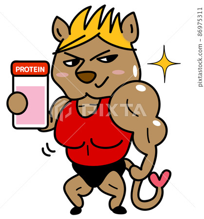 一個熱愛肌肉訓練的猛男獅男正在嘗試喝蛋白質 86975311