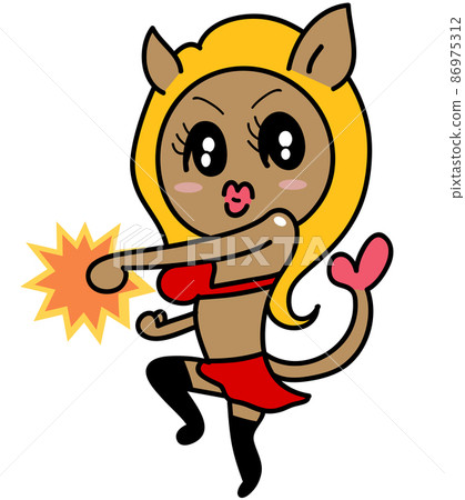 一個熱愛肌肉訓練和健身的獅子女正在可愛地出拳 86975312