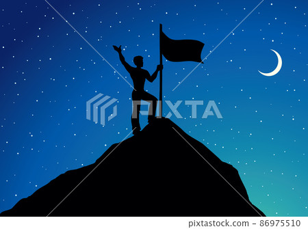 The man put the flag on the top of the mountain. Vector drawing 86975510