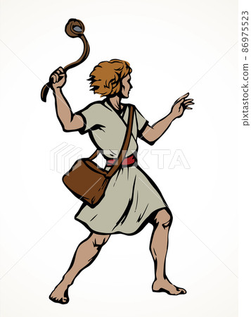 David throws a stone from the sling. Vector drawing 86975523
