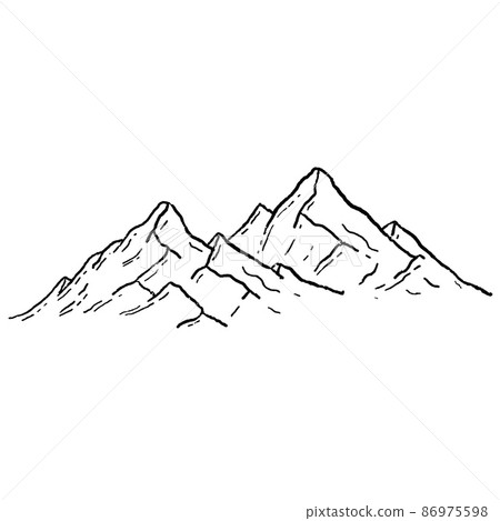 Mountains in engraving style. Nature landscape of highlands. Hand drawn design. Rocky ridge. 86975598
