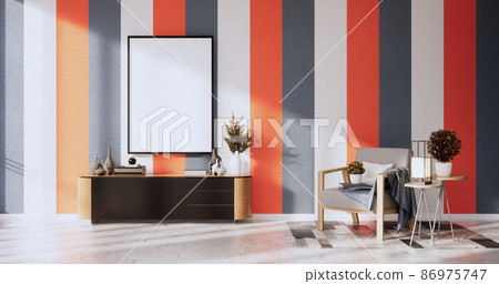 Orange and grey wall on living room two tone colorful design.3D rendering Orange and grey wall on living room two tone colorful design.3D rendering 86975747