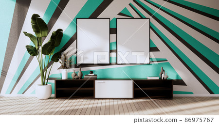 Black and Mint wall on living room two tone colorful design.3D rendering 86975767