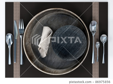 Dining tableware isolated. Plate, cutlery, napkin, mate 86975856