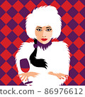 Fashion girl with red lips in fur coat. Beautiful woman face vector illustration. 86976612
