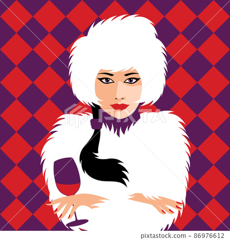 Fashion girl with red lips in fur coat. Beautiful woman face vector illustration. 86976612